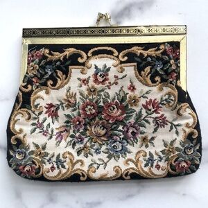 Vintage Tapestry Needlepoint Floral Clutch Handbag